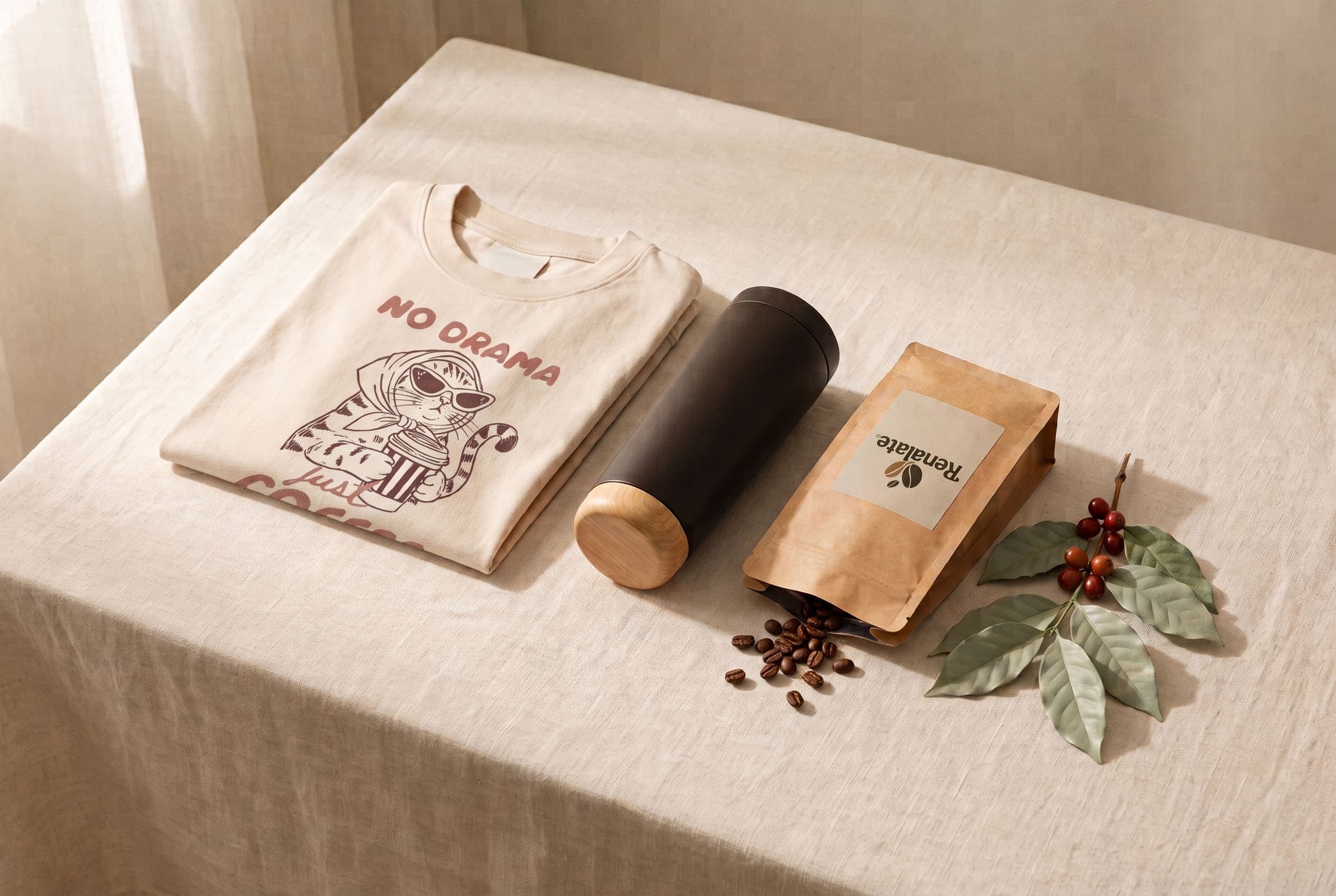 Remera estampada, termo y bolsa de café Renalate sobre un mantel de lino.