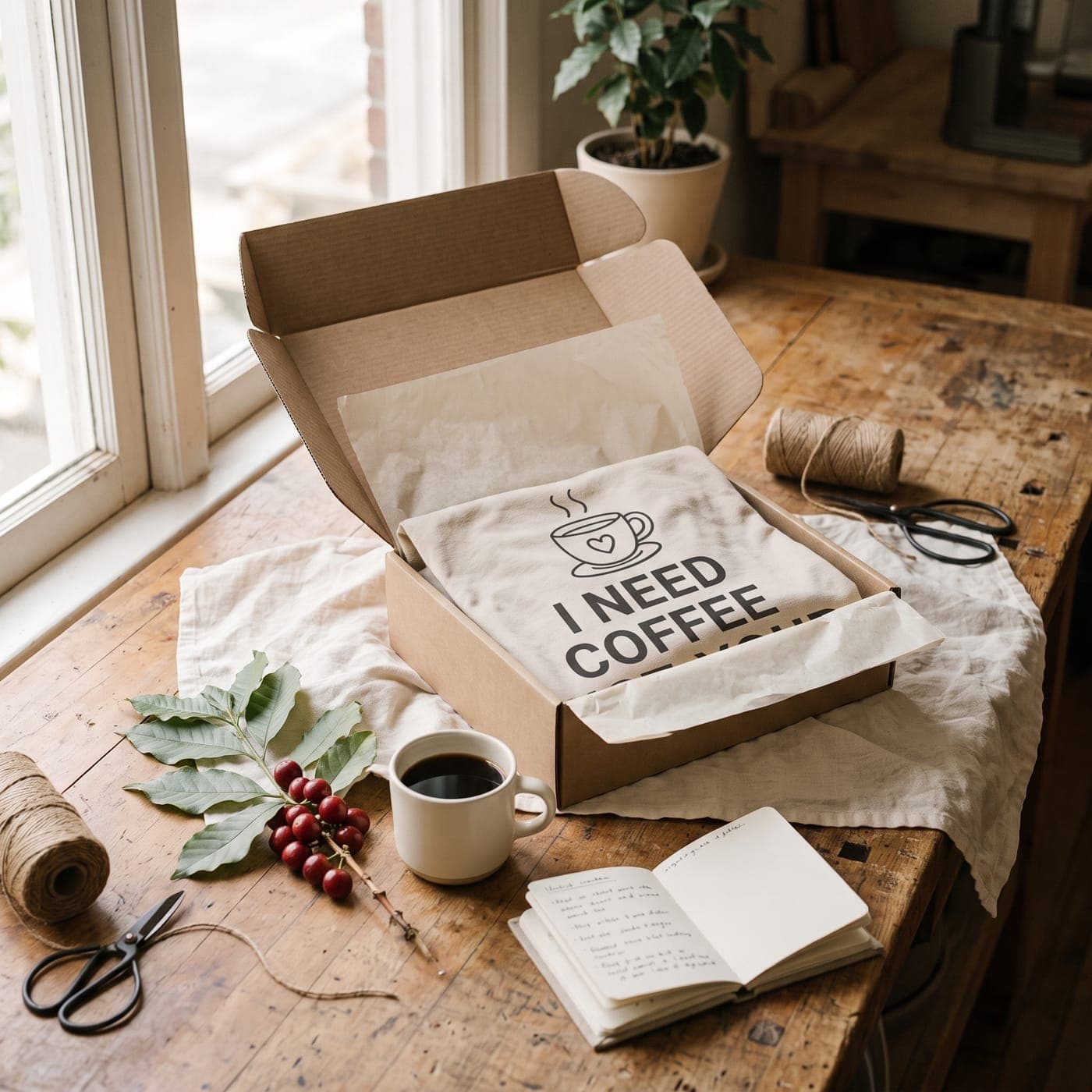 Caja de cartón abierta con una remera color crema con el estampado "I need coffee" envuelta en papel de seda, junto a una taza de café, una rama de cafeto y un cuaderno con notas, sobre una mesa de madera.